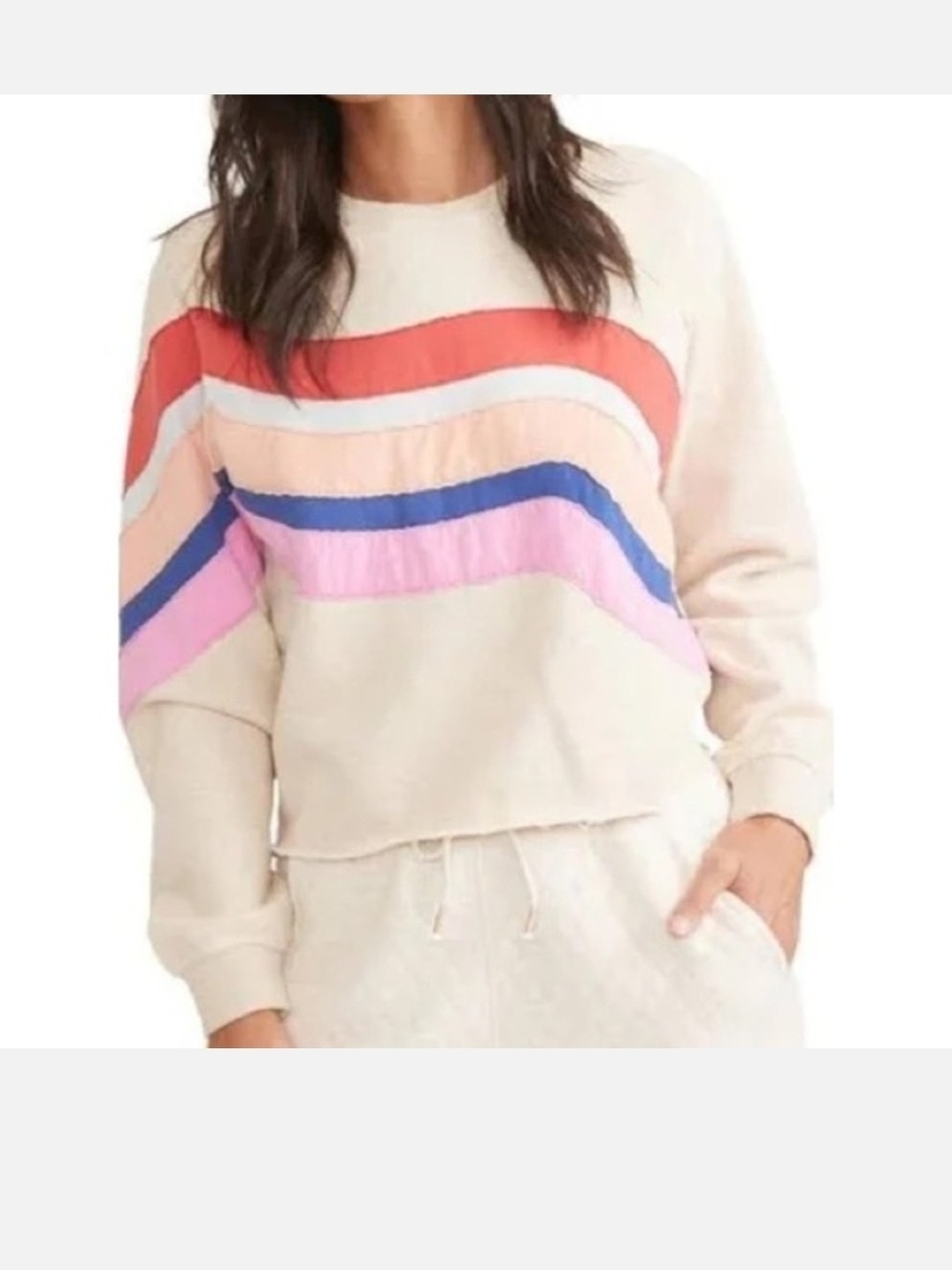 Marine Layer Cream Sweatshirt with Red, Coral, Blue and Pink Wave Stripes Medium